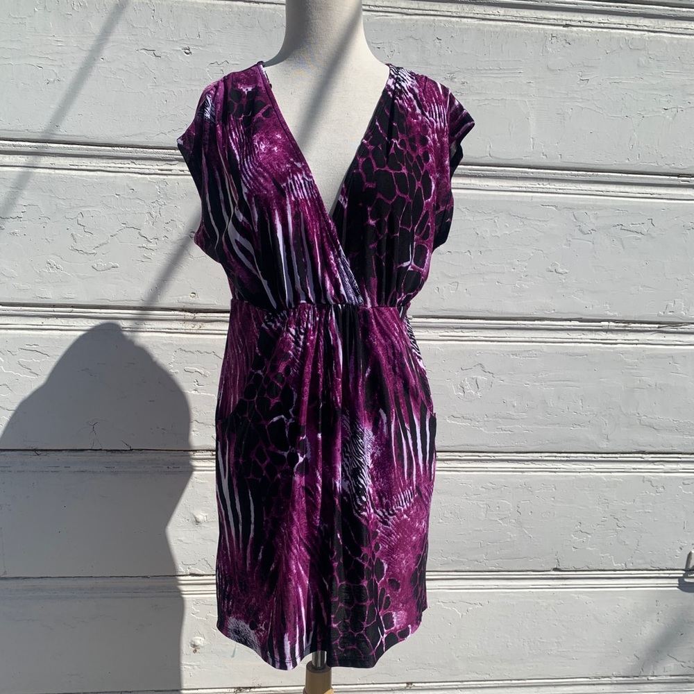 Purple patterned dress with deep V